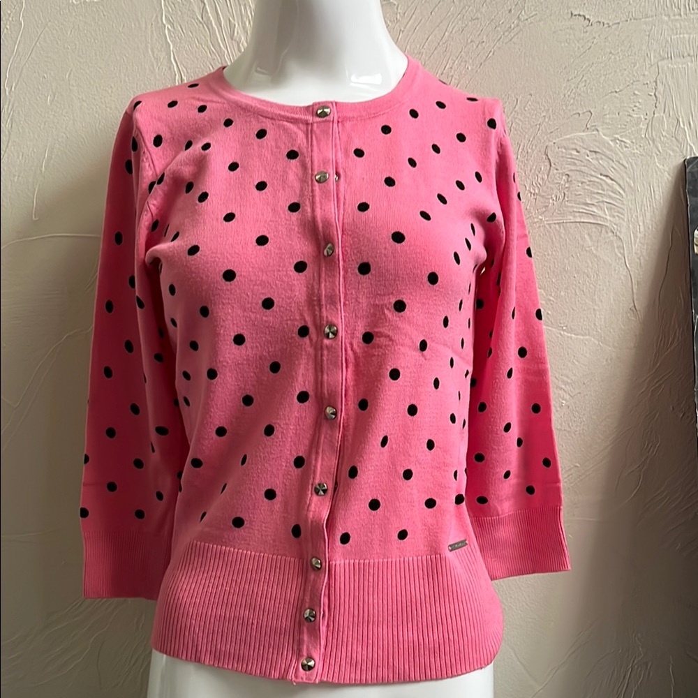T Tahari Pink and Black Polka Dot Cardigan Sweater